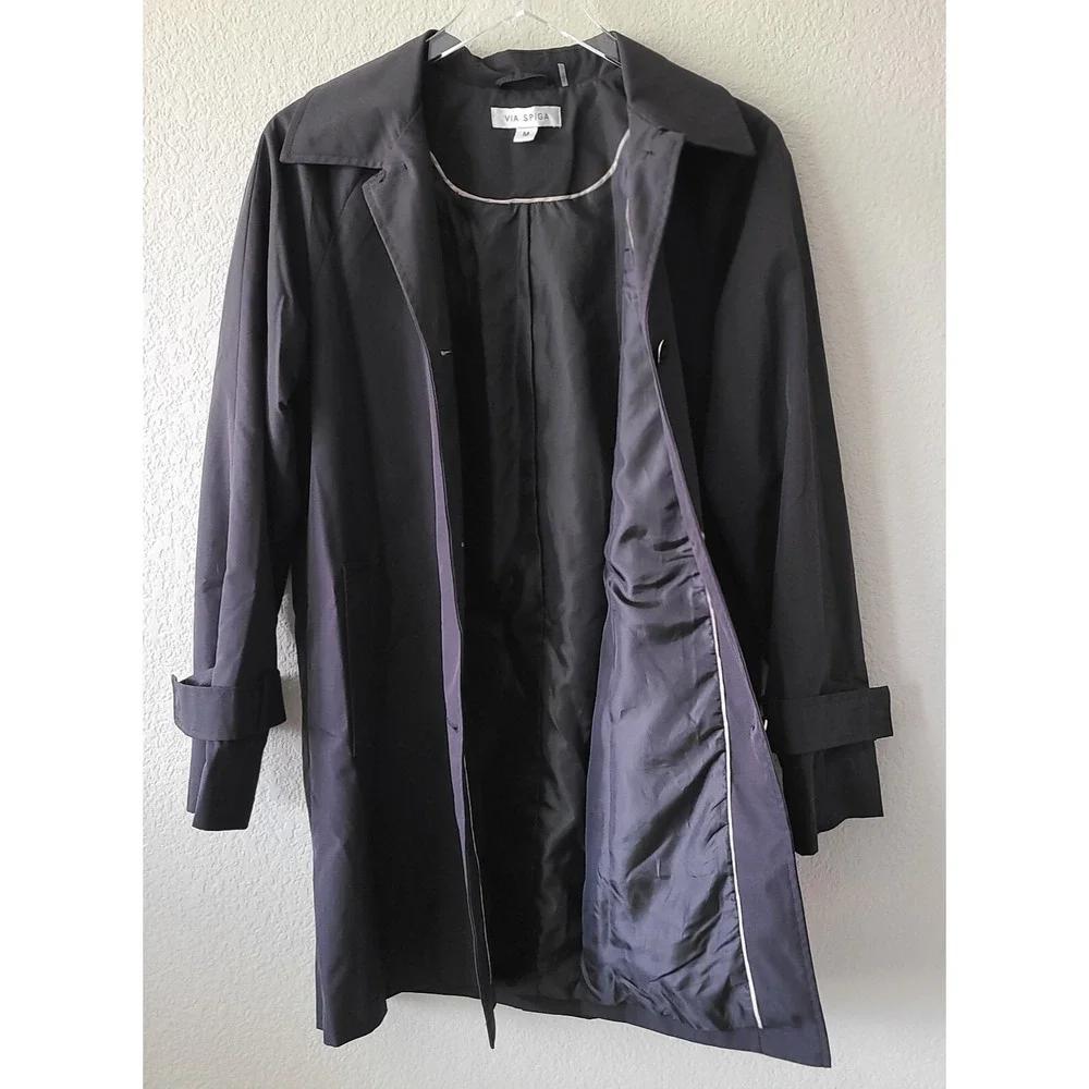 Via Spiga Black Single Breasted Mid-Length Trench Coat Size Medium Pockets Lined